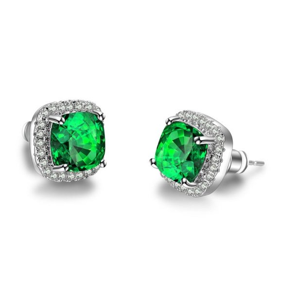 Green Emerald Diamond Halo Earrings Ear Ring - Picture 4 of 4
